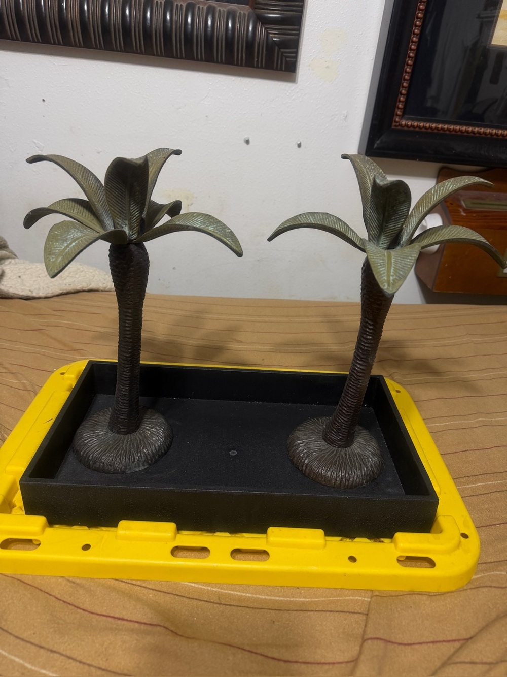 Tommy Bahama Vintage Decorative Metal Palm Tree Candle Holders in Bronze Olive.